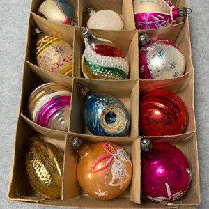 Vintage Hand-Painted Glass Christmas Ornaments Set of 12 Original Box